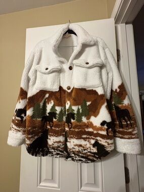 White Sherpa Puffer Jacket with Brown Scenic Print and Green Accents